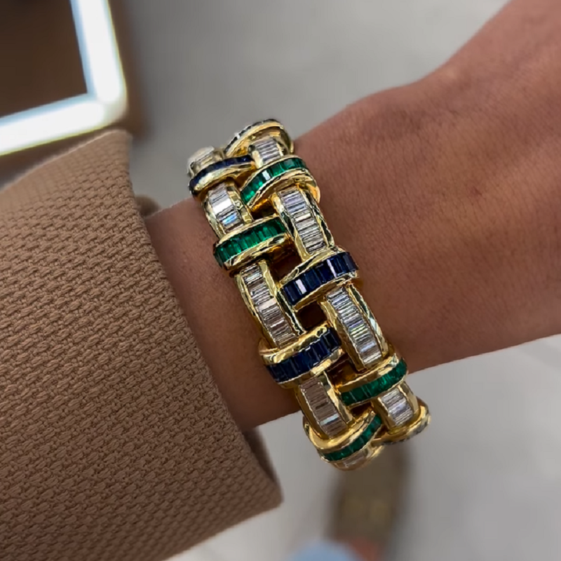 12.30CT Sapphire And Emerald Wide 18 Karat Bracelet