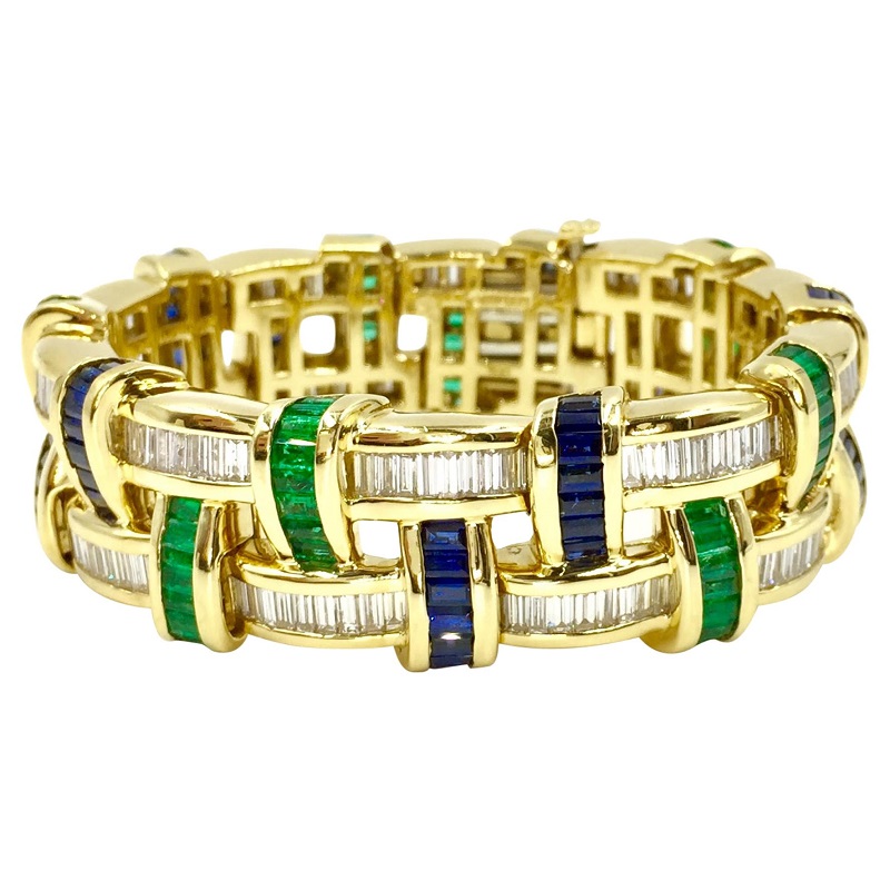 12.30CT Sapphire And Emerald Wide 18 Karat Bracelet