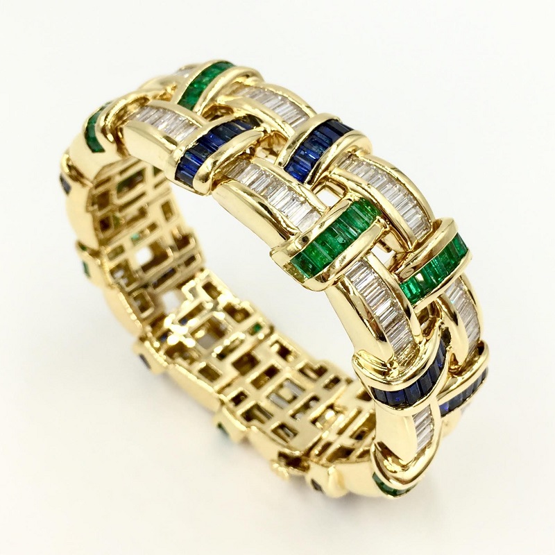 12.30CT Sapphire And Emerald Wide 18 Karat Bracelet