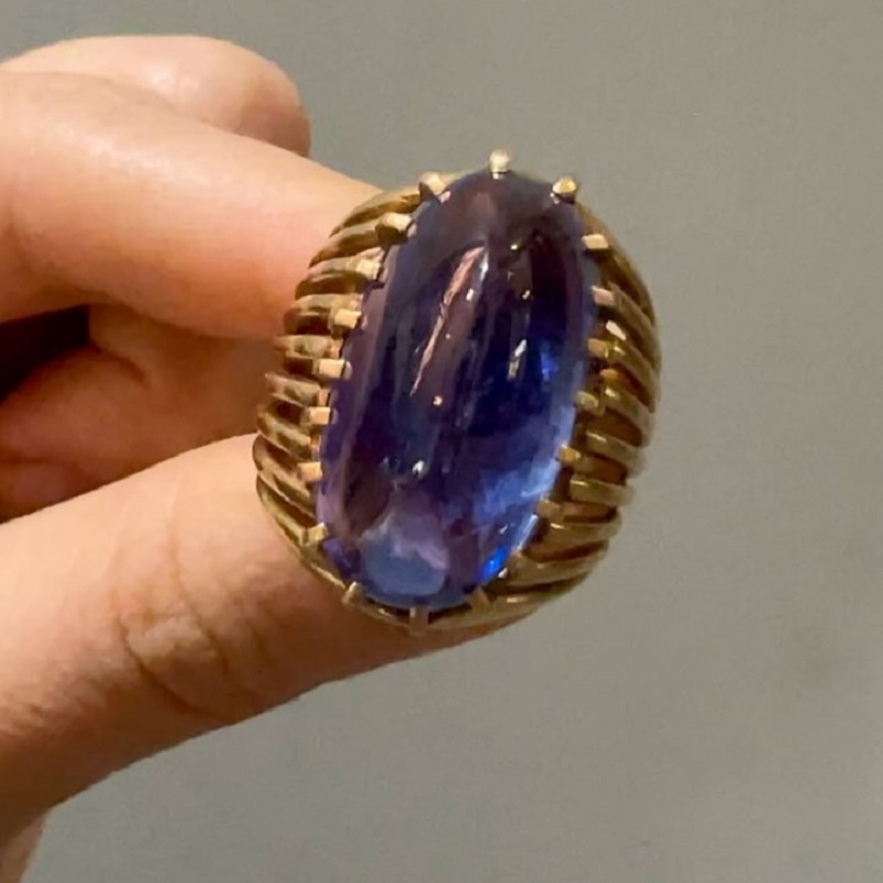 32.12Carat Vintage Raw Blue Sapphire Golden Brass Diamond Ring