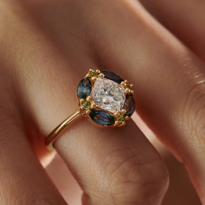 1.4 Carat Cushion Cut Diamond Sapphire & Garnet Engagement Ring