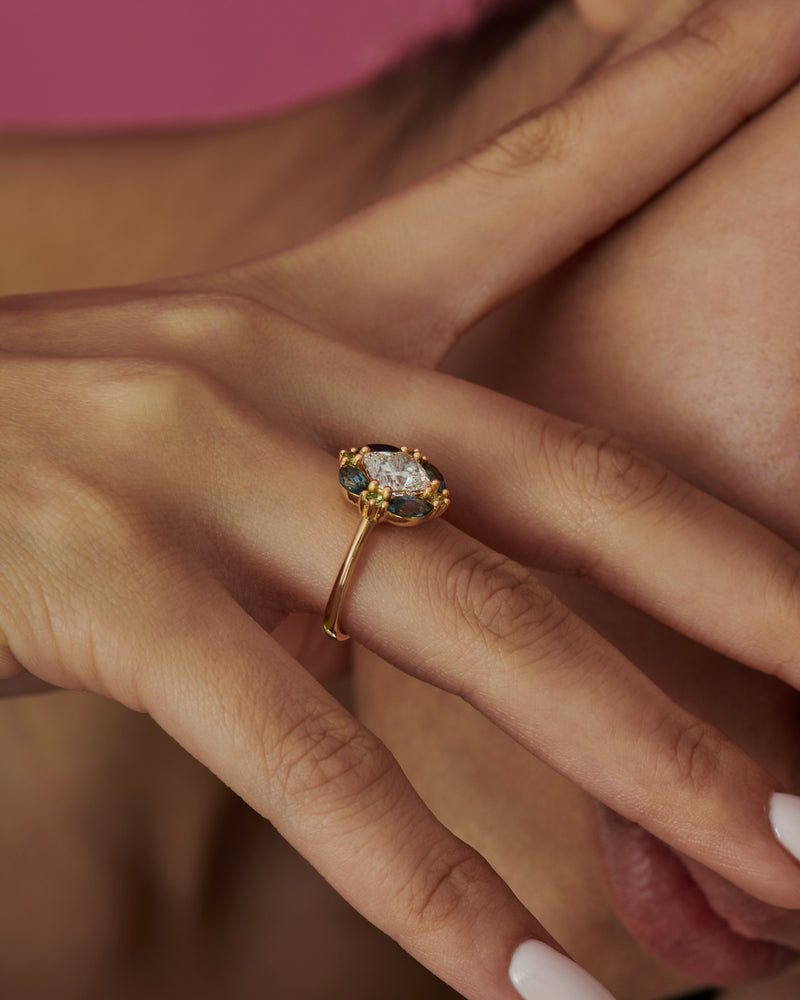 1.4 Carat Cushion Cut Diamond Sapphire & Garnet Engagement Ring