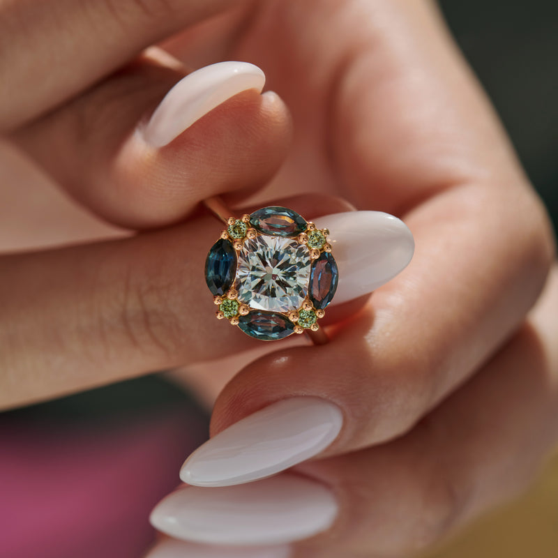 1.4 Carat Cushion Cut Diamond Sapphire & Garnet Engagement Ring