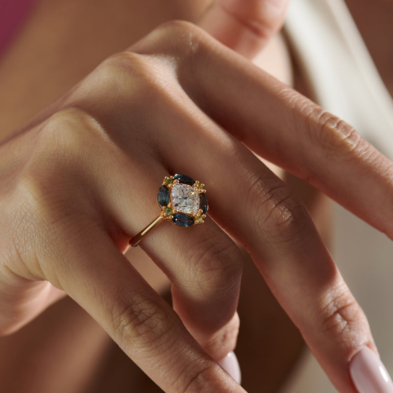 1.4 Carat Cushion Cut Diamond Sapphire & Garnet Engagement Ring