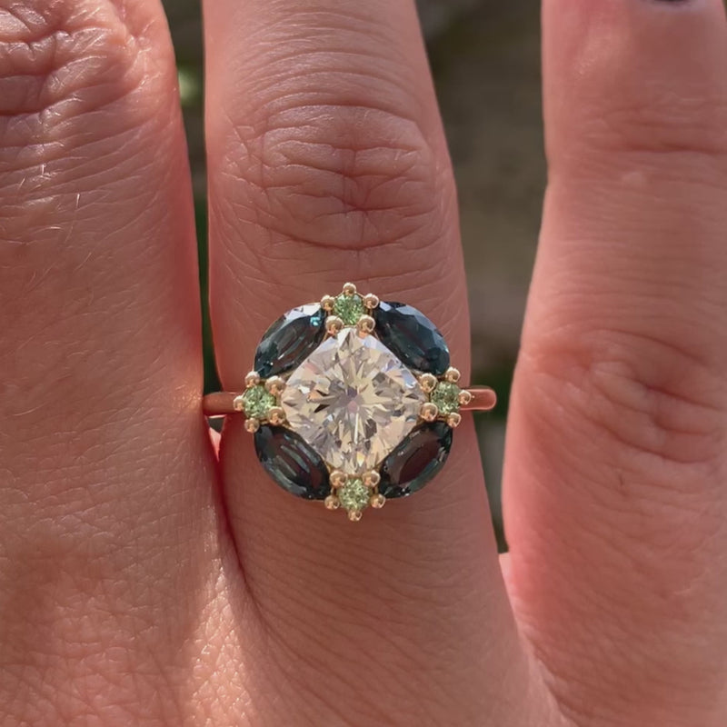 1.4 Carat Cushion Cut Diamond Sapphire & Garnet Engagement Ring
