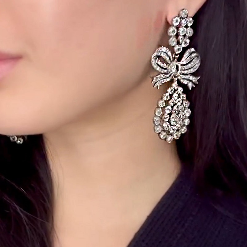 7.0 Carat Luxurious Vintage Round Cut White Gemstone Bow Earrings