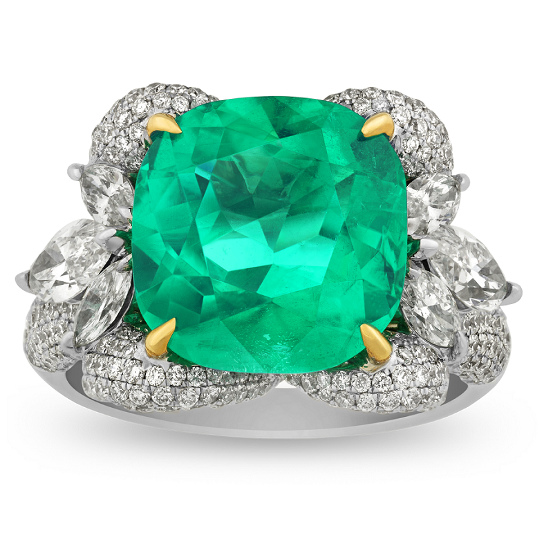 6.29 Carats Cushion Cut Russian Emerald Floral Ring