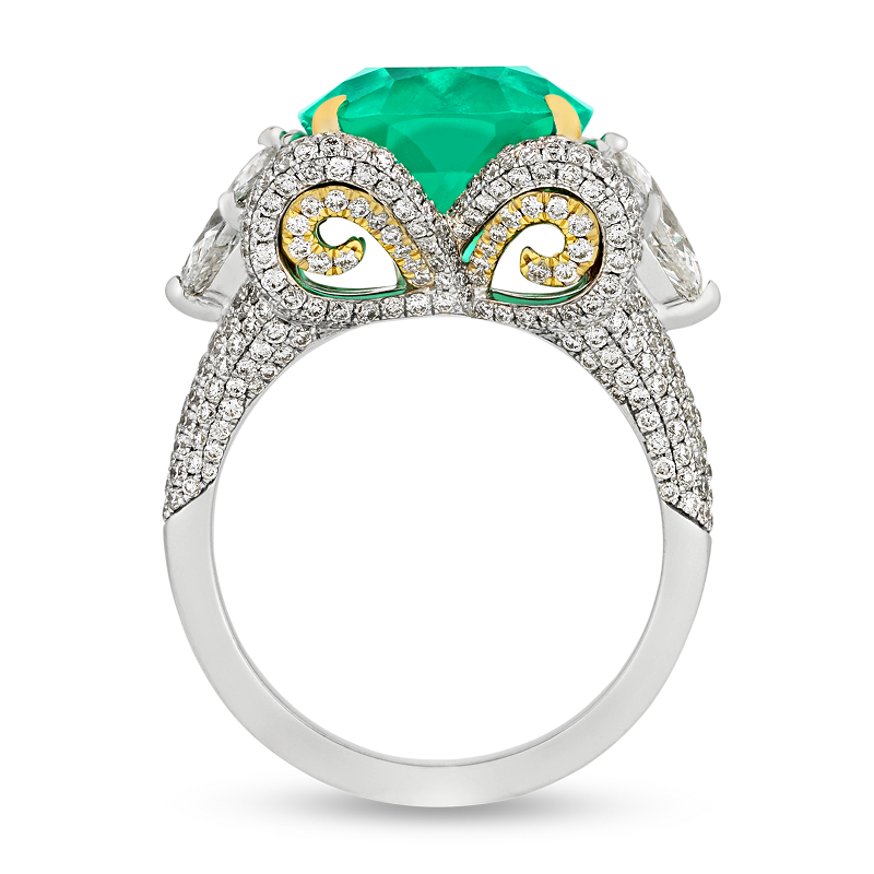 6.29 Carats Cushion Cut Russian Emerald Floral Ring