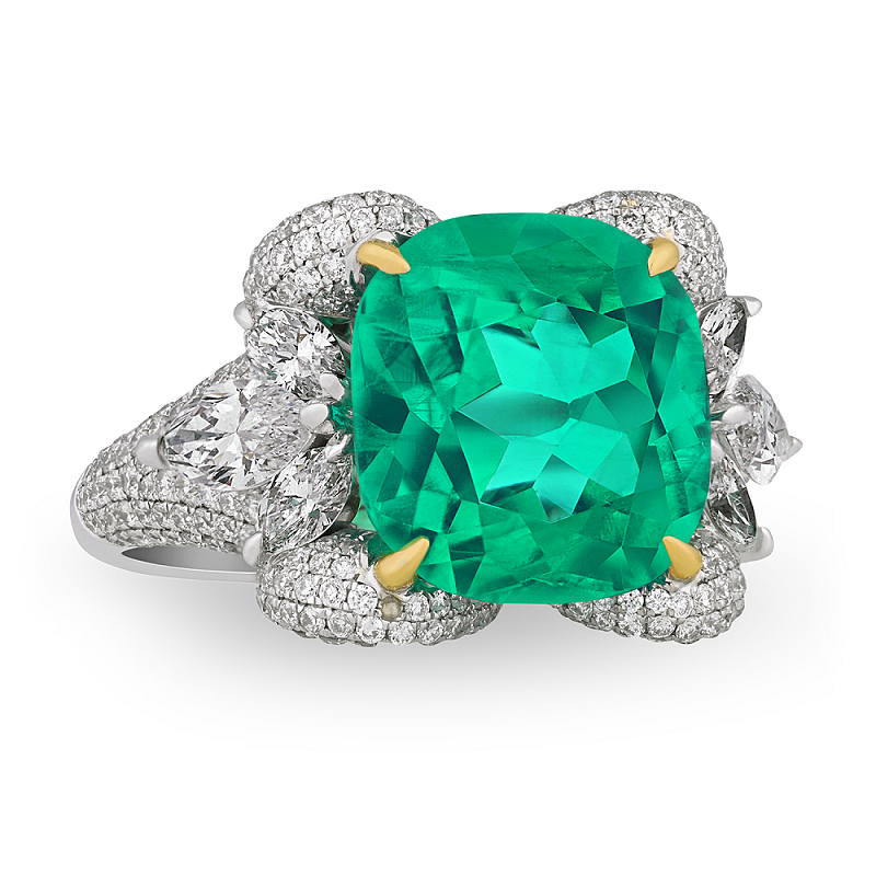 6.29 Carats Cushion Cut Russian Emerald Floral Ring