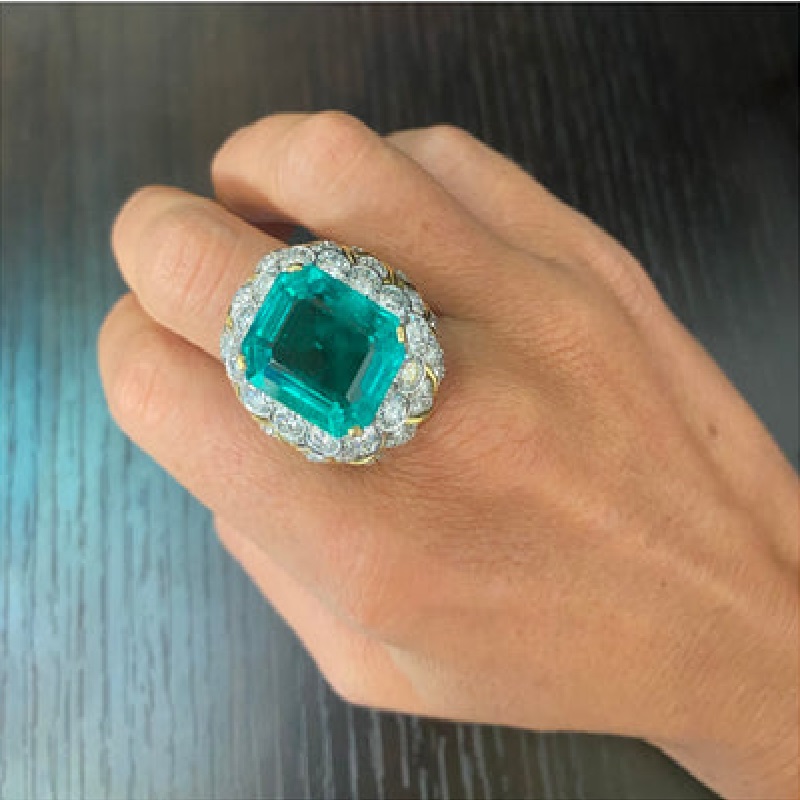 19.67 Carats Emerald Cut Colombian Emerald & Diamond Cross River Ring