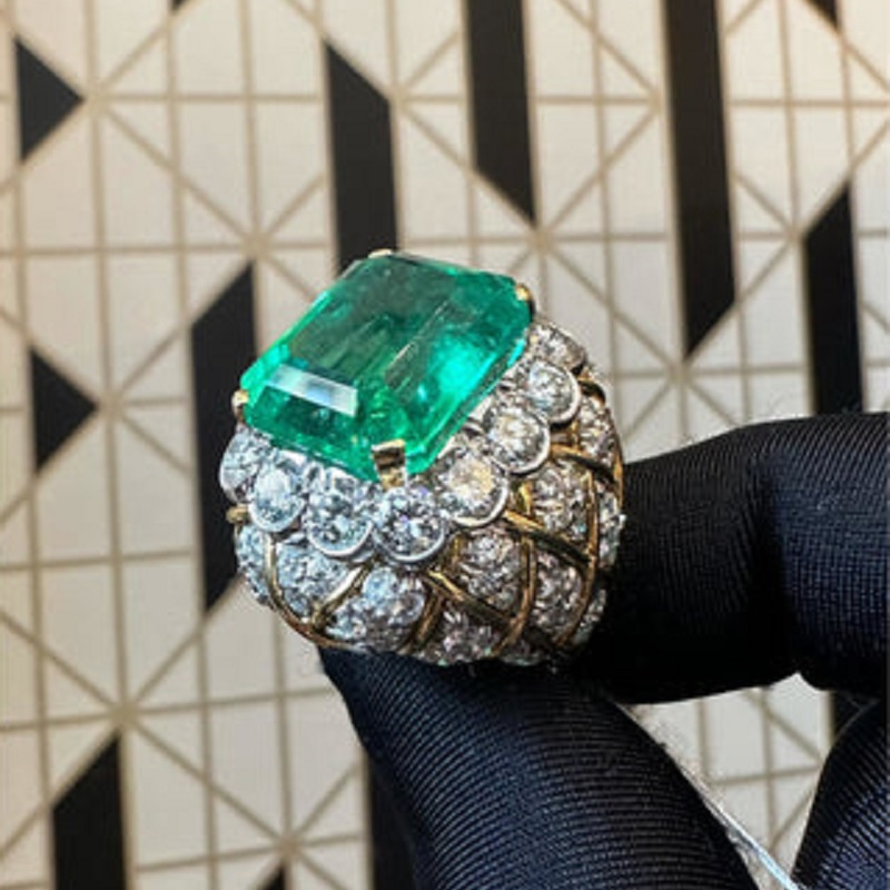 19.67 Carats Emerald Cut Colombian Emerald & Diamond Cross River Ring