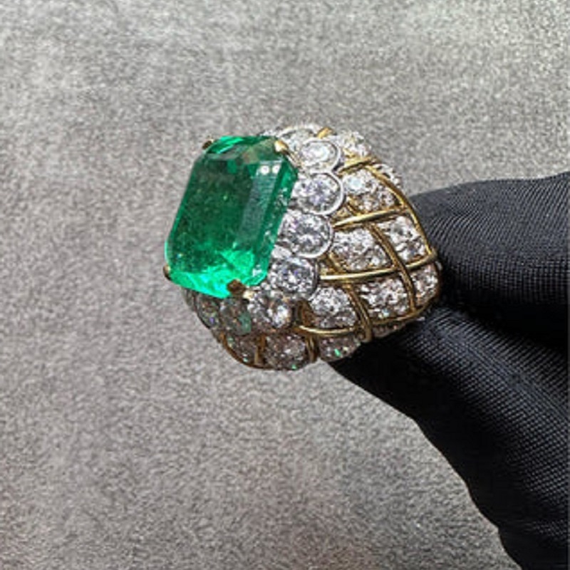 19.67 Carats Emerald Cut Colombian Emerald & Diamond Cross River Ring