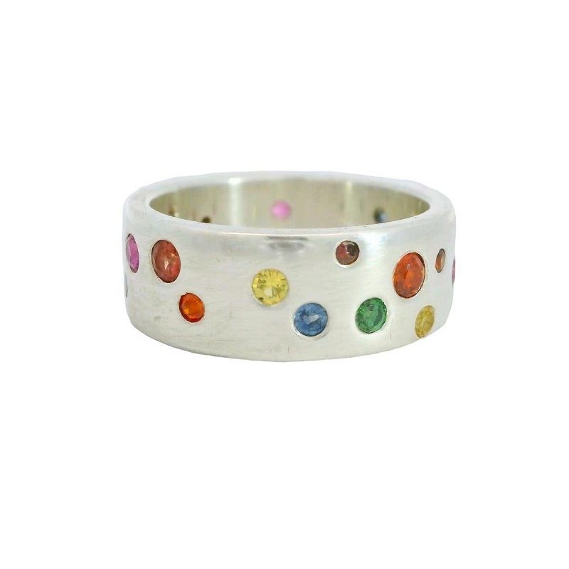Silver Sapphire And Garnet Wide Confetti Band Ring