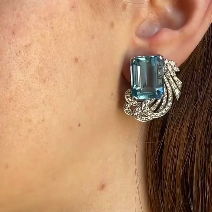 6.55ctw Aquamarine & White Stone Stud Earrings