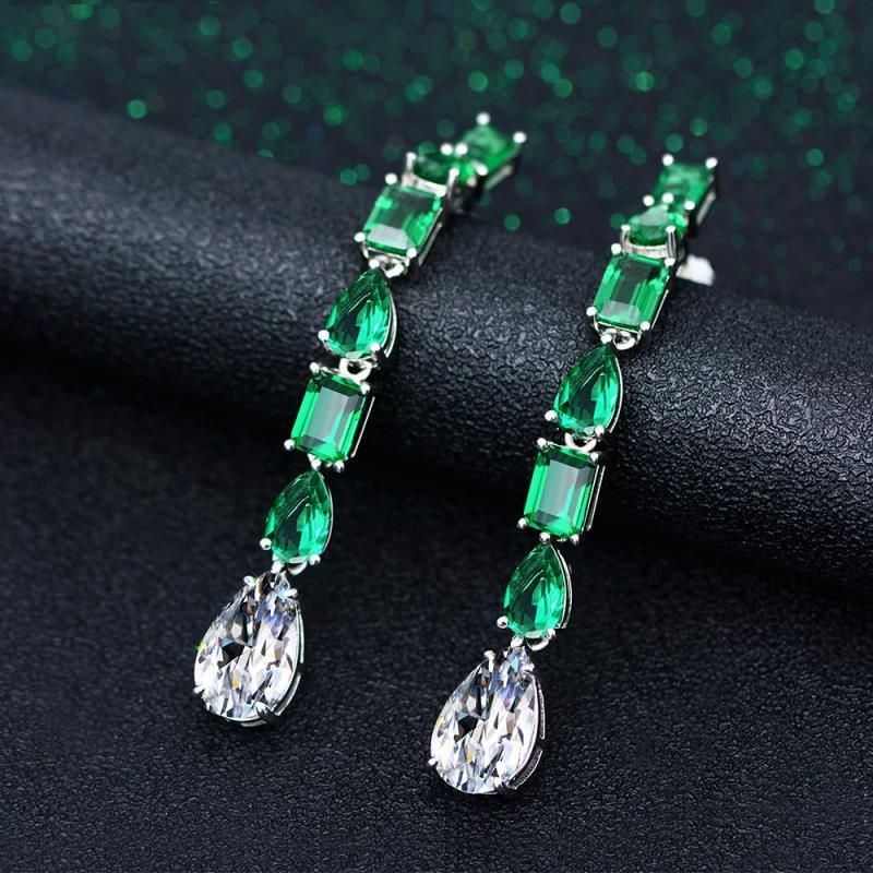 Sterling Silver Classic Pear With Emerald Cut Dangle Earrings