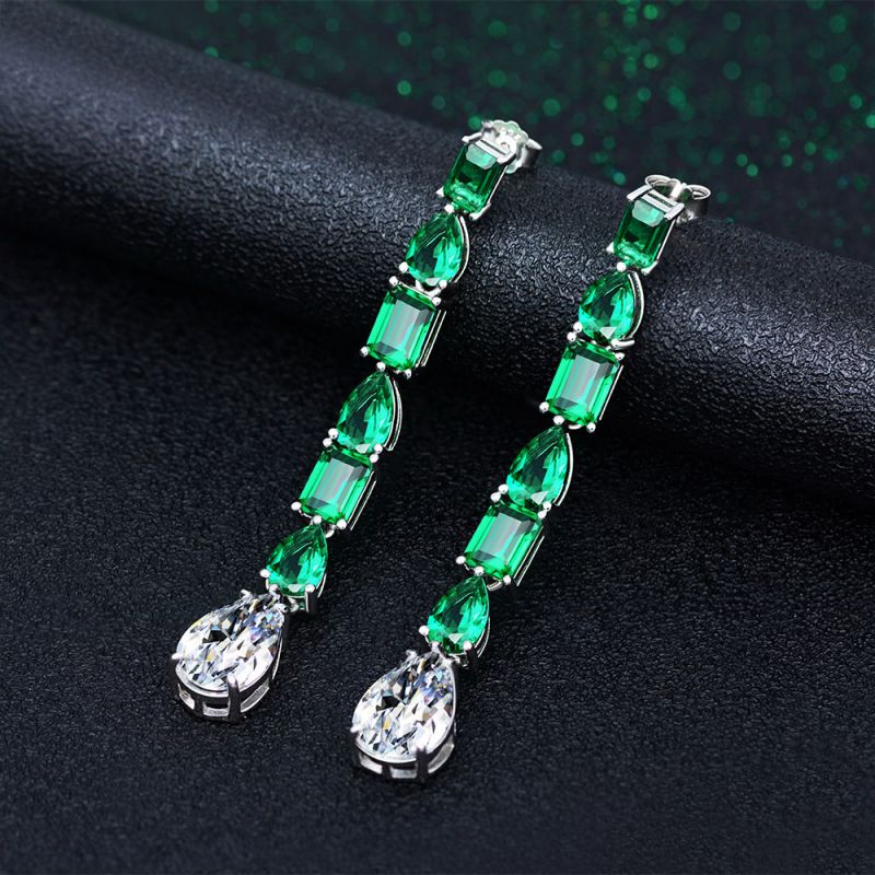 Sterling Silver Classic Pear With Emerald Cut Dangle Earrings