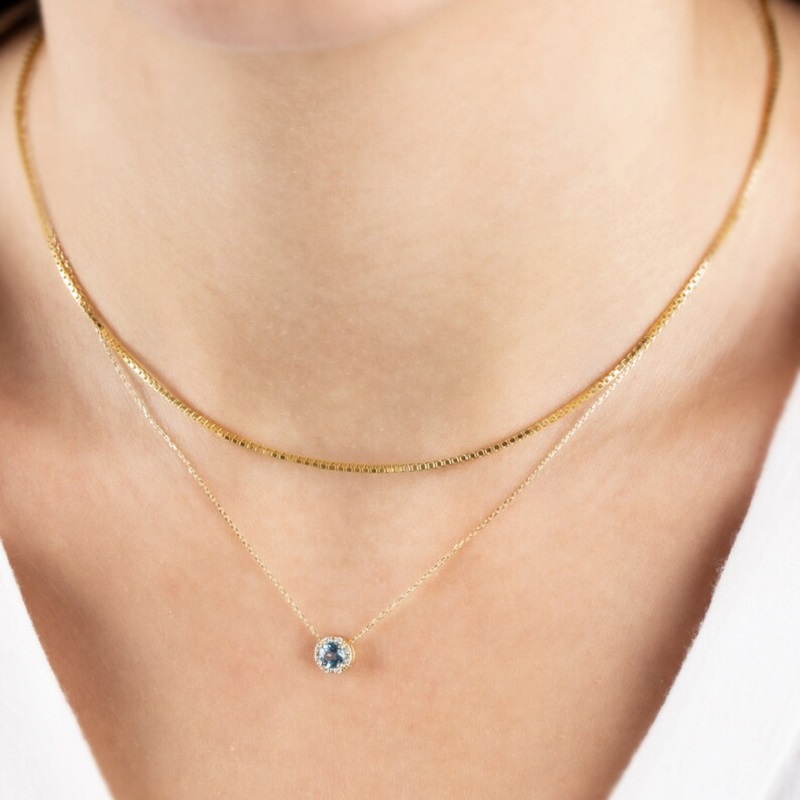14K Solid Gold Genuine Diamond Blue Topaz Necklace