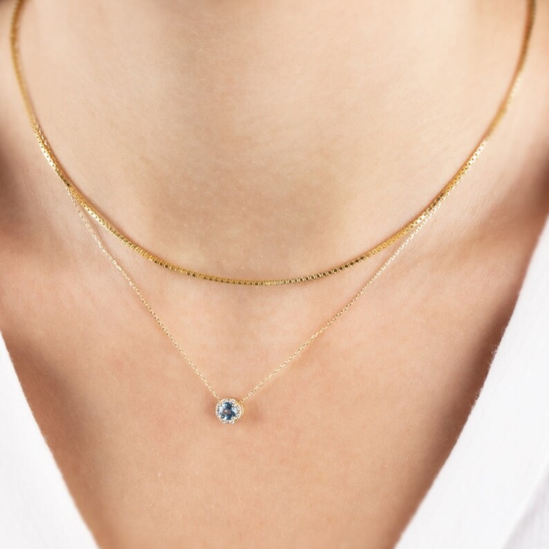 14K Solid Gold Genuine Diamond Blue Topaz Necklace