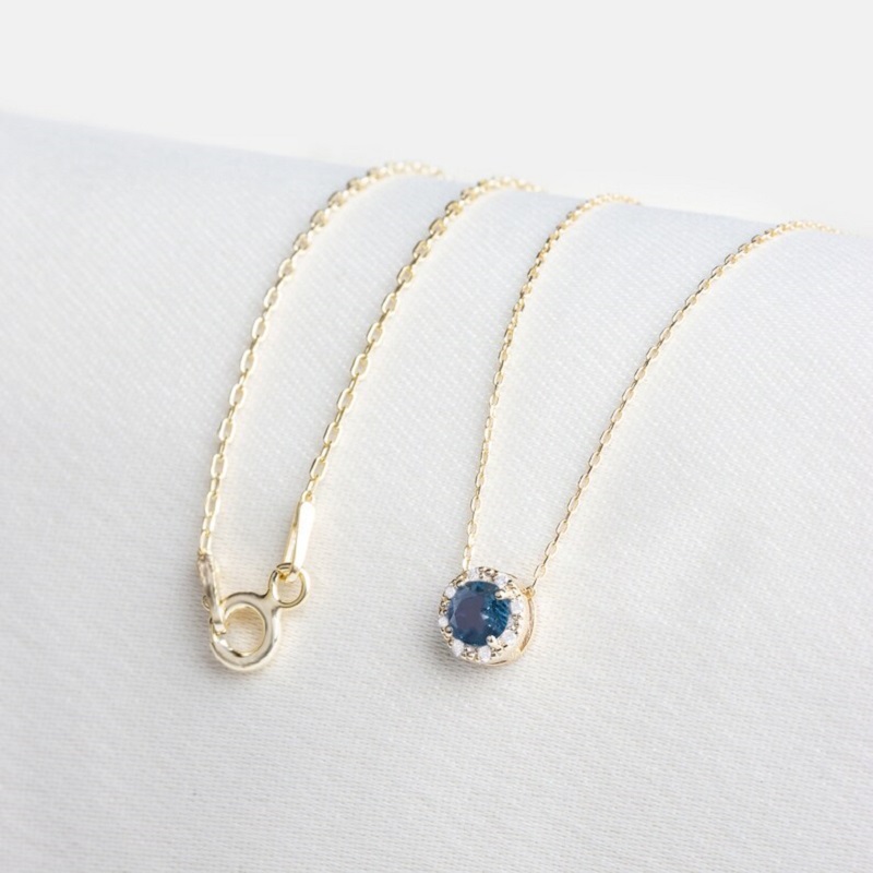 14K Solid Gold Genuine Diamond Blue Topaz Necklace