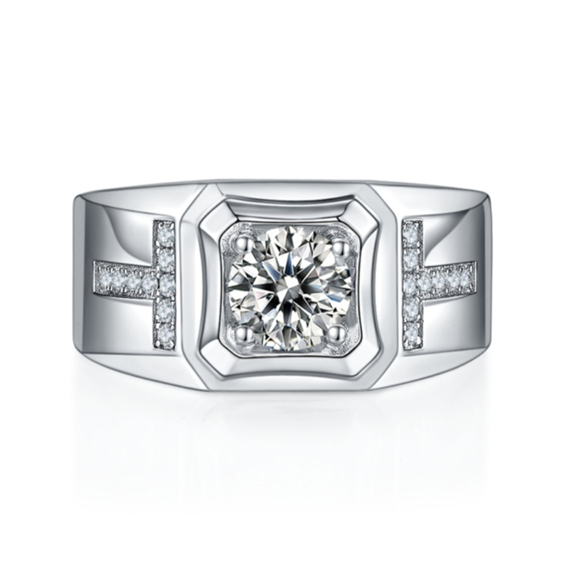 Sterling Silver Elegant T Shape Round Cut Men's Wedding Ring
