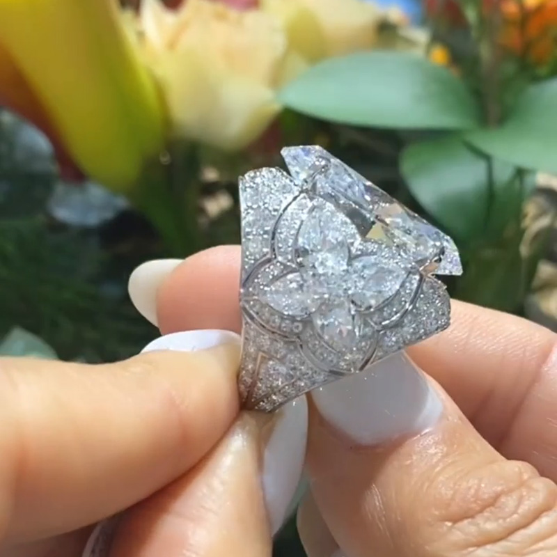 21.5ct Oval Cut White Diamond Paved Vintage Engagement Ring