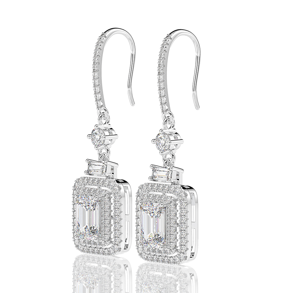 Sterling Silver Double Halo Emerald With Round Cut Drop Earrings