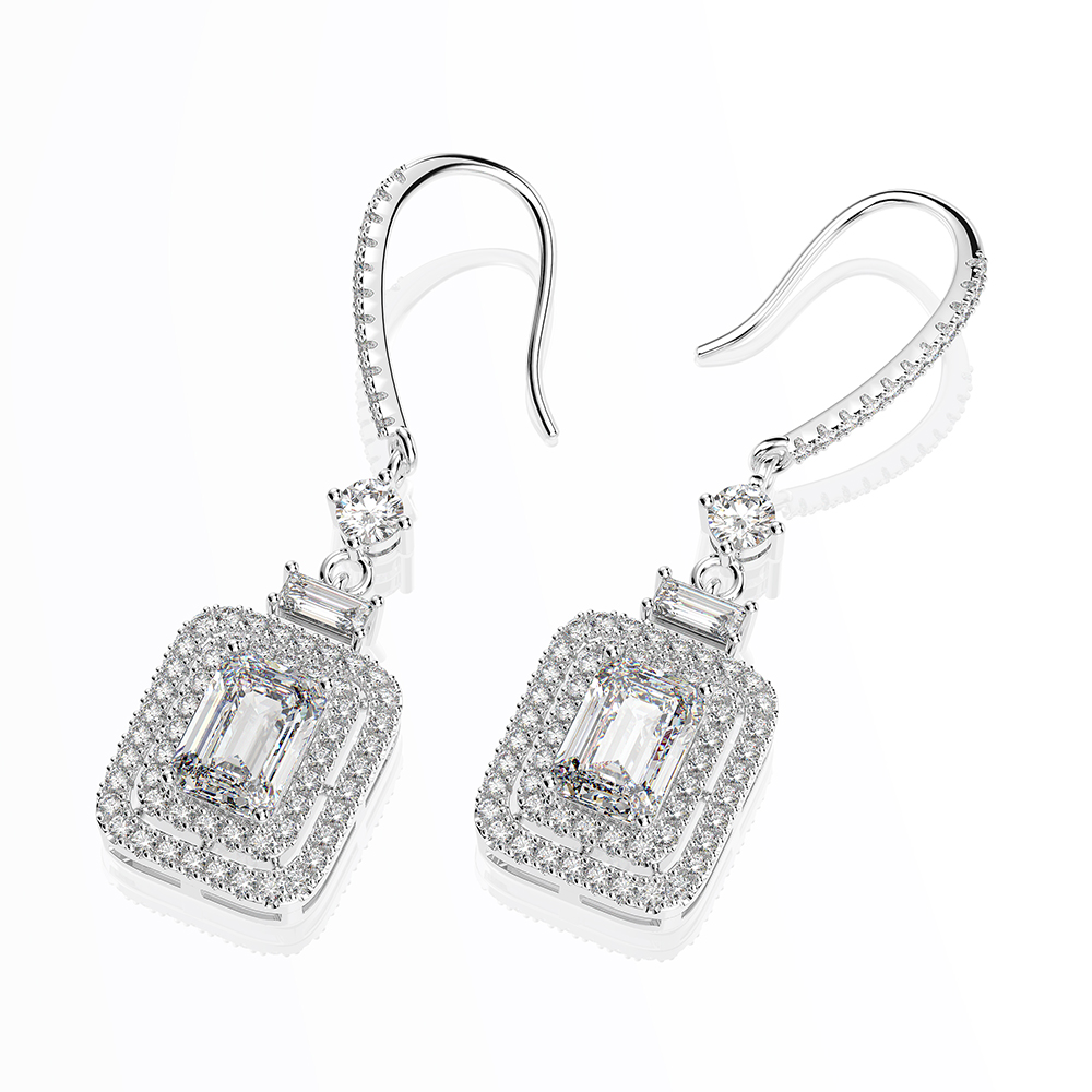 Sterling Silver Double Halo Emerald With Round Cut Drop Earrings