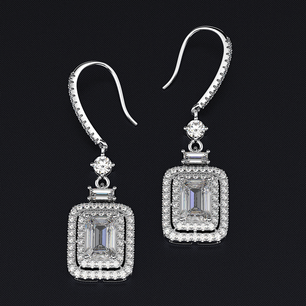 Sterling Silver Double Halo Emerald With Round Cut Drop Earrings