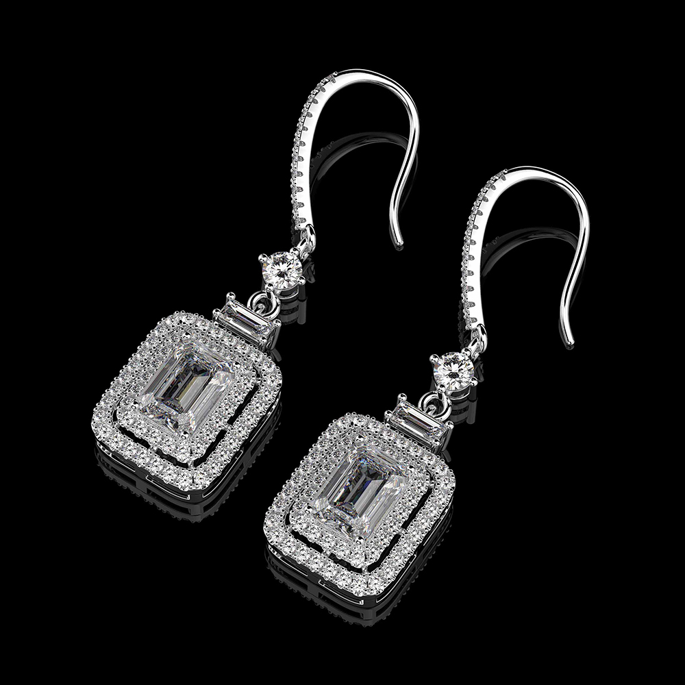 Sterling Silver Double Halo Emerald With Round Cut Drop Earrings