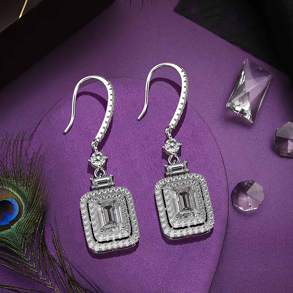 Sterling Silver Double Halo Emerald With Round Cut Drop Earrings