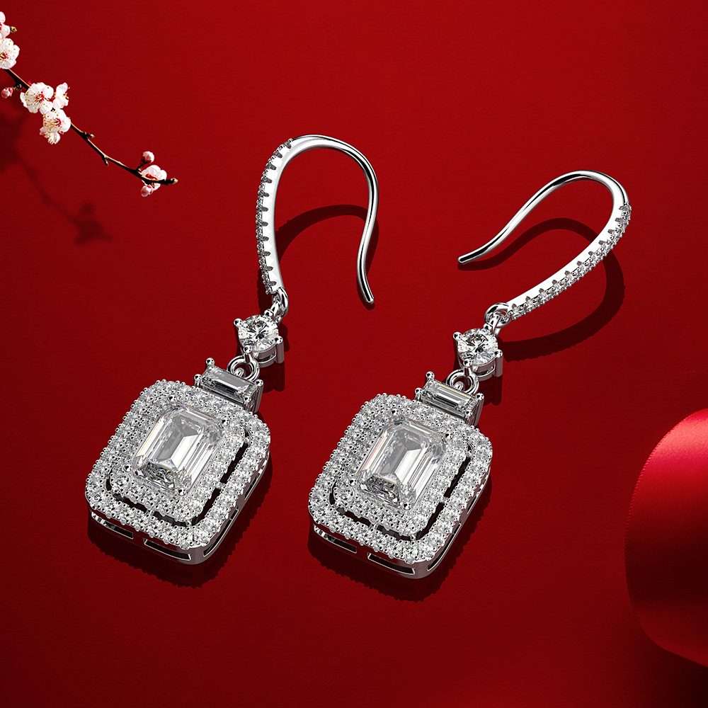 Sterling Silver Double Halo Emerald With Round Cut Drop Earrings