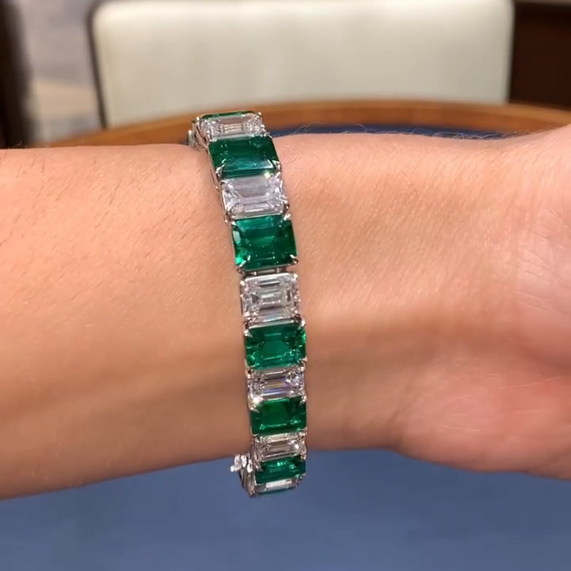 25ctw Emerald Cut Emerald Green & White Sapphire Handmade Bracelet