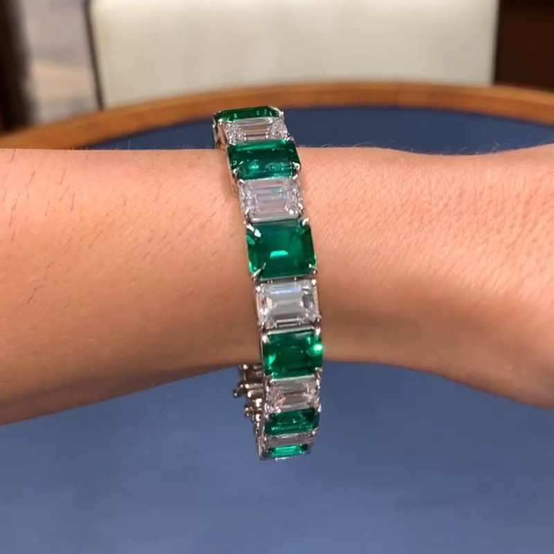 25ctw Emerald Cut Emerald Green & White Sapphire Handmade Bracelet