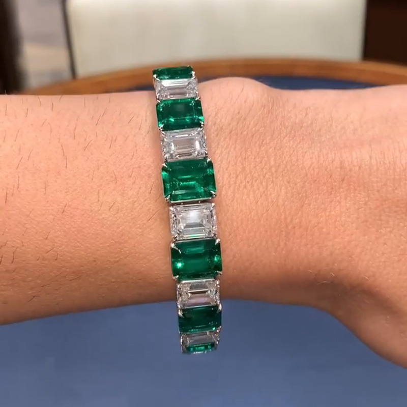 25ctw Emerald Cut Emerald Green & White Sapphire Handmade Bracelet