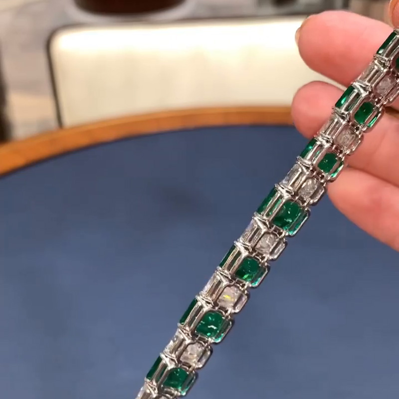25ctw Emerald Cut Emerald Green & White Sapphire Handmade Bracelet