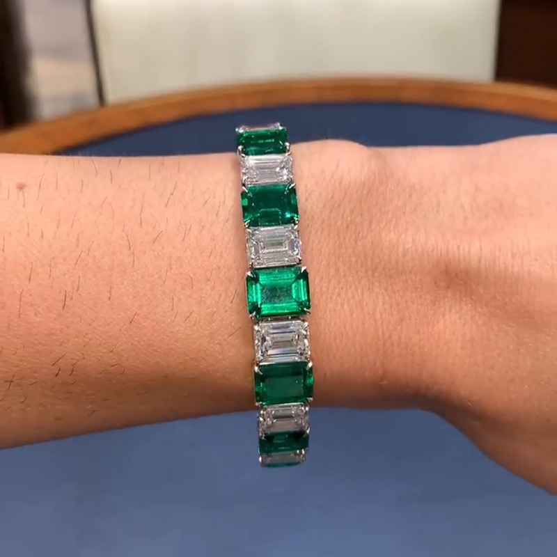 25ctw Emerald Cut Emerald Green & White Sapphire Handmade Bracelet