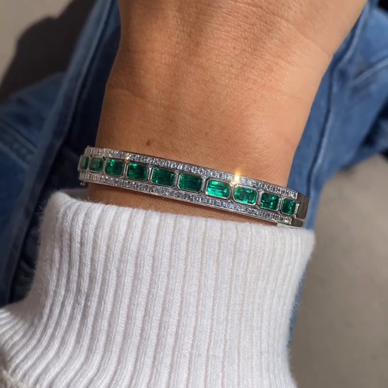 13ctw Emerald Cut Emerald Green & Round Cut White Sapphire Half Setting Bangle Bracelet