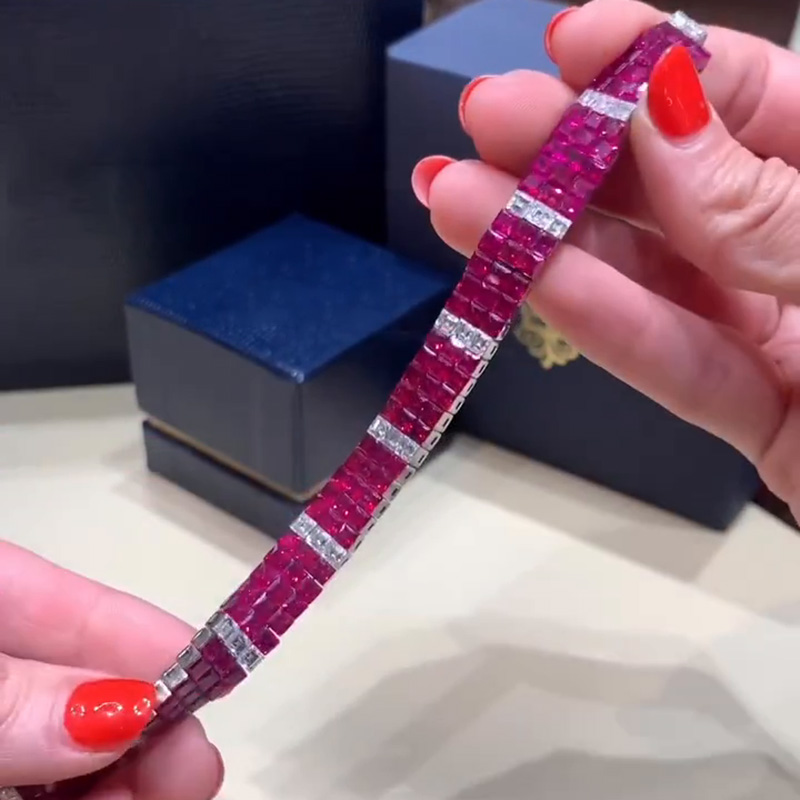 31.37ctw Princess Cut Ruby & White Sapphire Handmade Bracelet