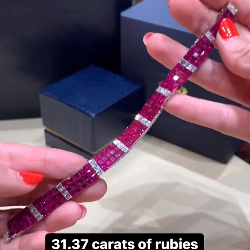 31.37ctw Princess Cut Ruby & White Sapphire Handmade Bracelet
