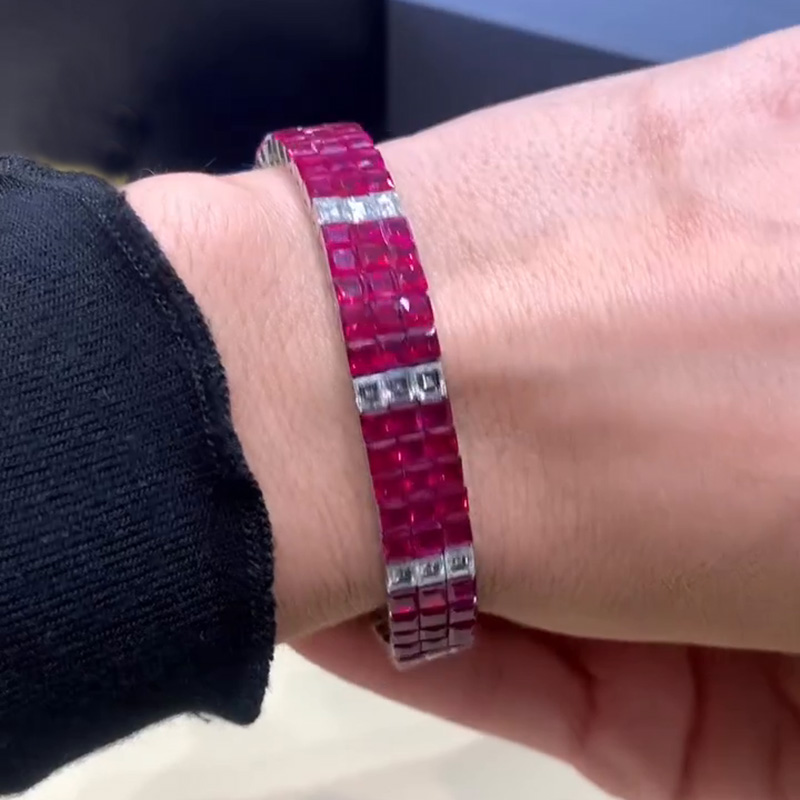 31.37ctw Princess Cut Ruby & White Sapphire Handmade Bracelet