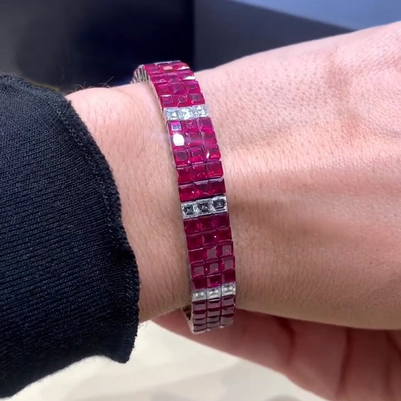 31.37ctw Princess Cut Ruby & White Sapphire Handmade Bracelet
