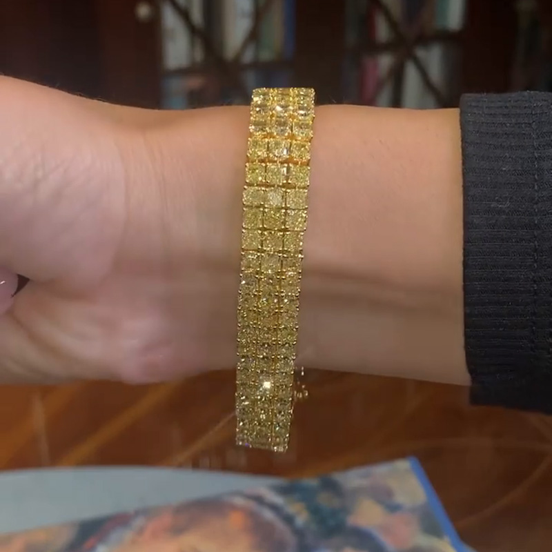 33ctw Princess Cut Yellow Sapphire Handmade 3 Rows Yellow Gold Bracelet