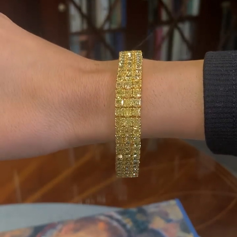 33ctw Princess Cut Yellow Sapphire Handmade 3 Rows Yellow Gold Bracelet