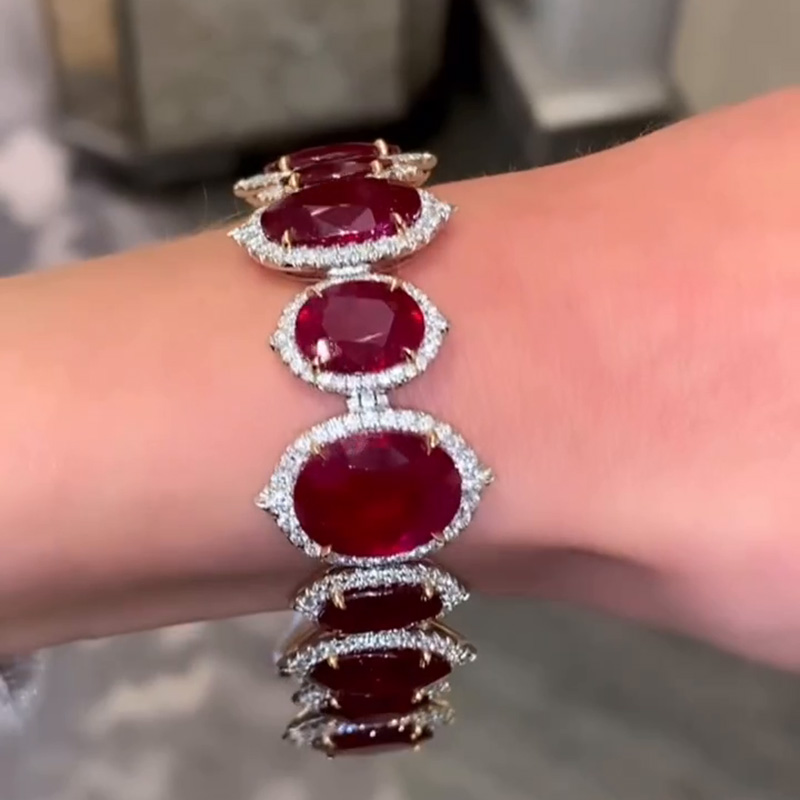 58ctw Oval Cut Ruby With A Round Cut White Sapphires Halo Handmade Bracelet