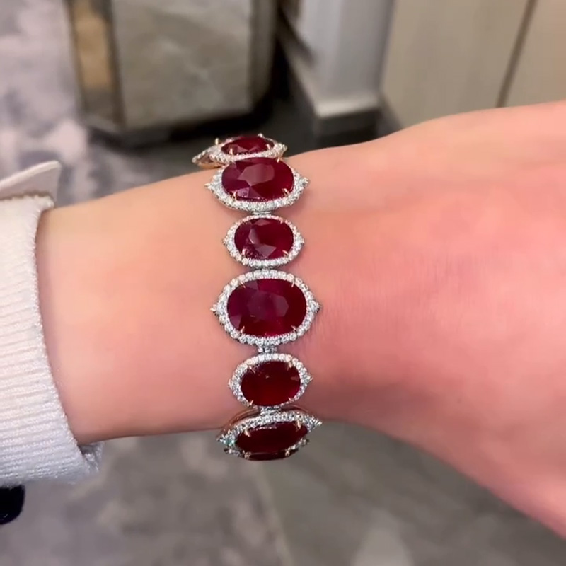 58ctw Oval Cut Ruby With A Round Cut White Sapphires Halo Handmade Bracelet