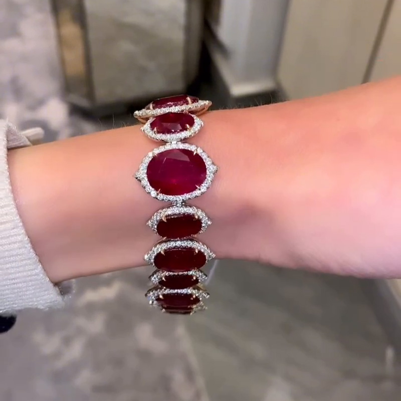 58ctw Oval Cut Ruby With A Round Cut White Sapphires Halo Handmade Bracelet