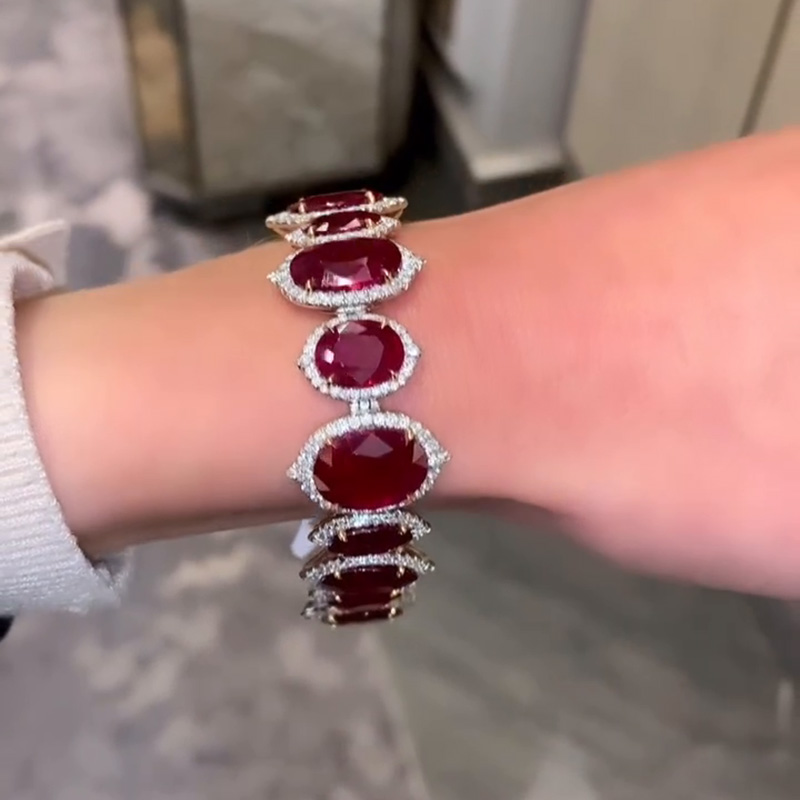 58ctw Oval Cut Ruby With A Round Cut White Sapphires Halo Handmade Bracelet