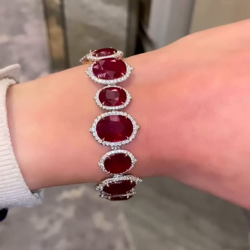 58ctw Oval Cut Ruby With A Round Cut White Sapphires Halo Handmade Bracelet