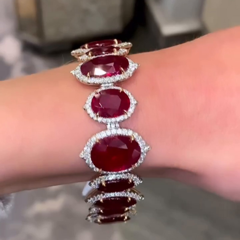 58ctw Oval Cut Ruby With A Round Cut White Sapphires Halo Handmade Bracelet