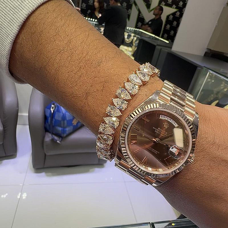 1ct Each Pear Cut White Sapphire Rose Gold Handmade Men's Tennis Bracelet